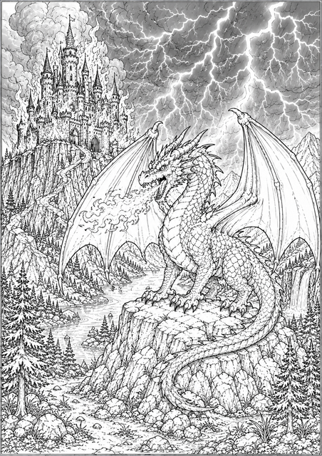 Printable Dragon Firestorm Castle colouring page for kids