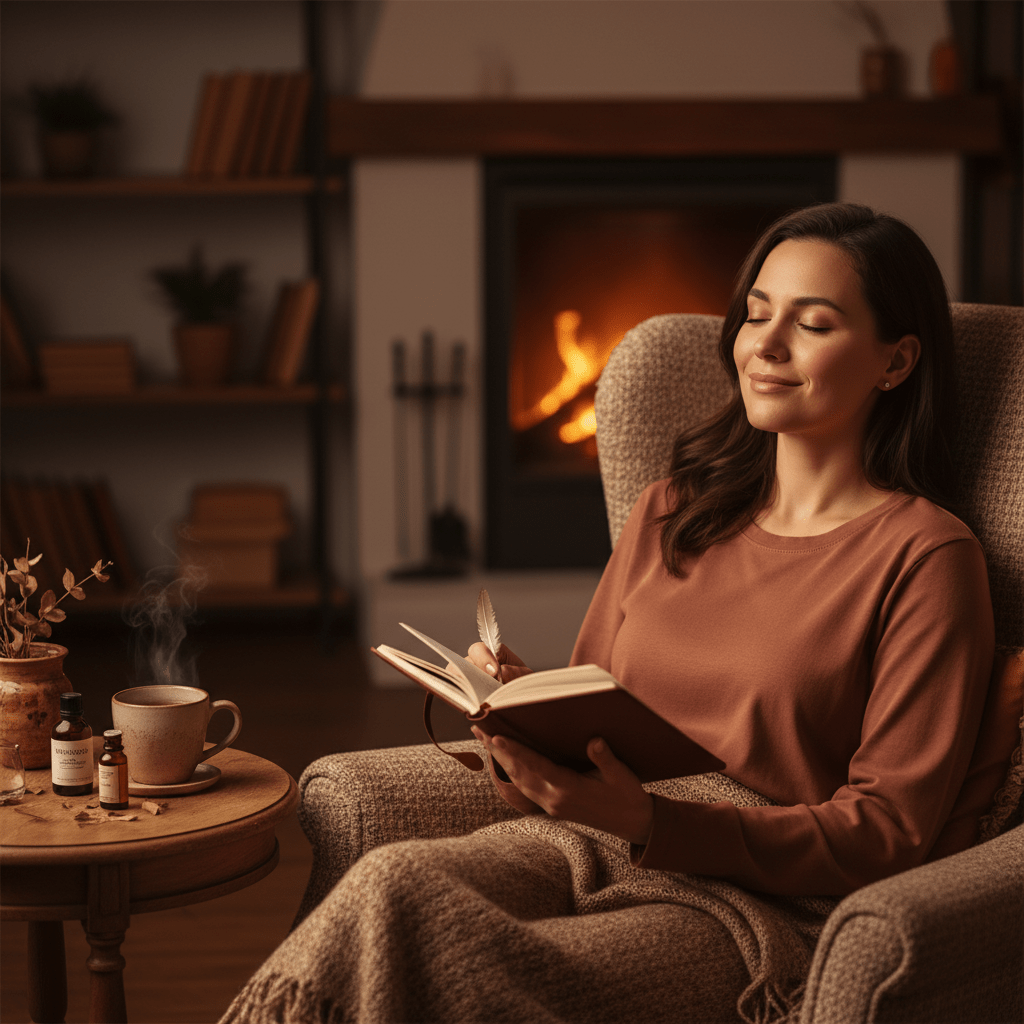 Woman in a calm home setting with herbal tea and wellness oil, reflecting stress relief and self-care