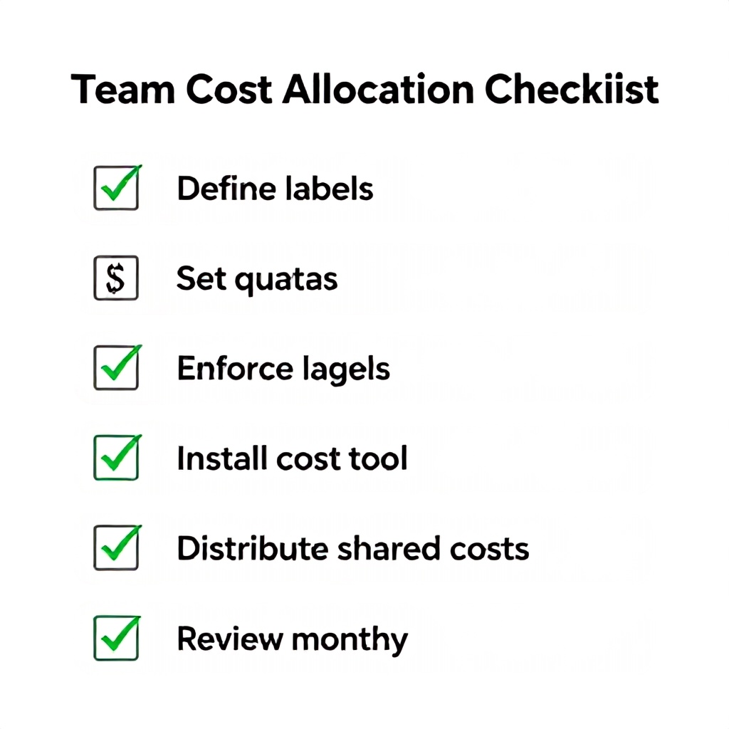 Kubernetes cost allocation implementation checklist with six steps and icons