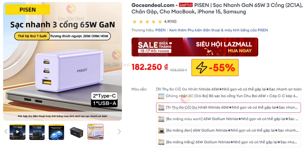 PISEN | Sạc Nhanh GaN 65W 3 Cổng (2C1A), Chân Gập, Cho MacBook, iPhone 15, Samsung