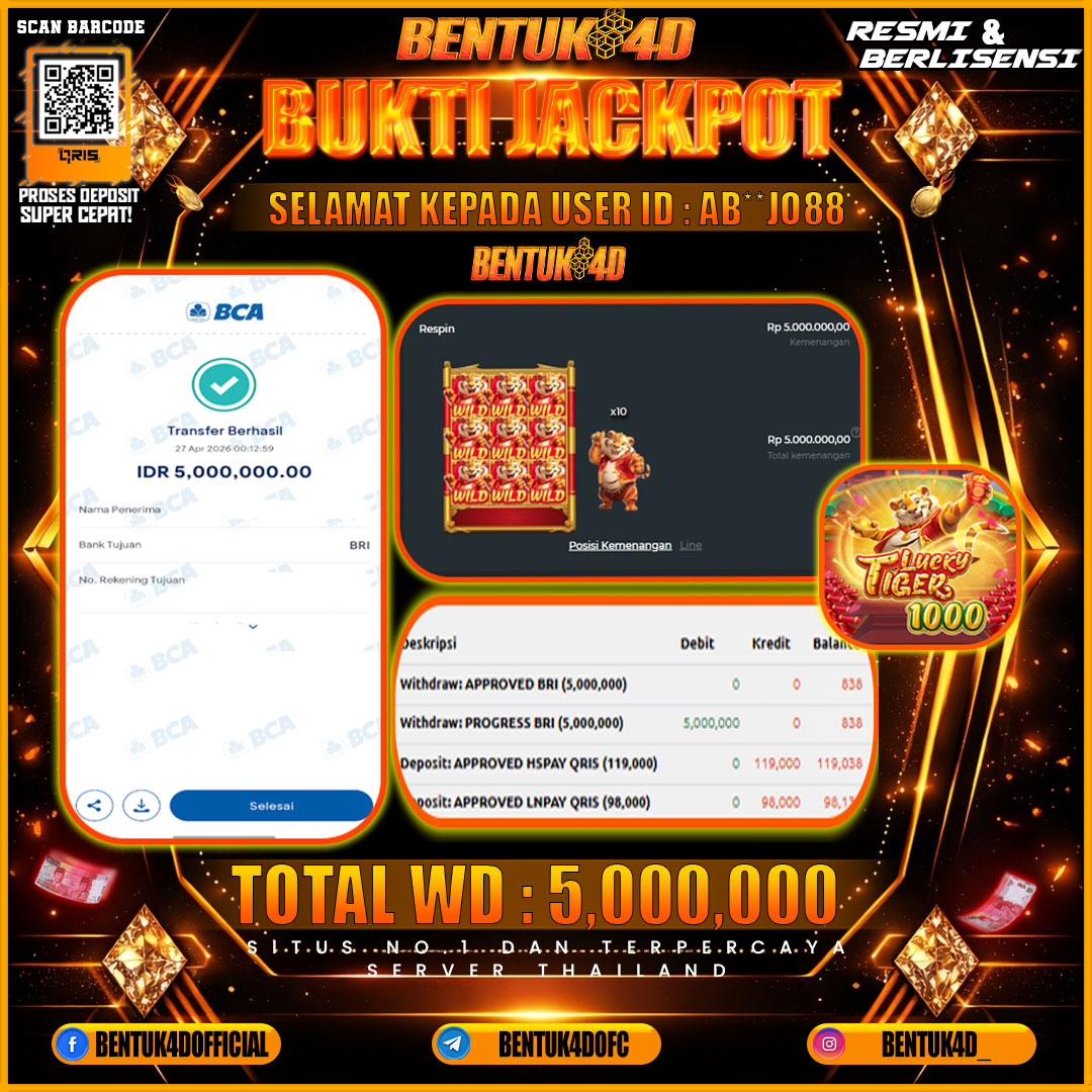 SELAMAT KEPADA USER ID : AB**JO88 KEMENANGAN Rp 5,000,000 (LUCKY TIGGER 1000) DI BENTUK4D
