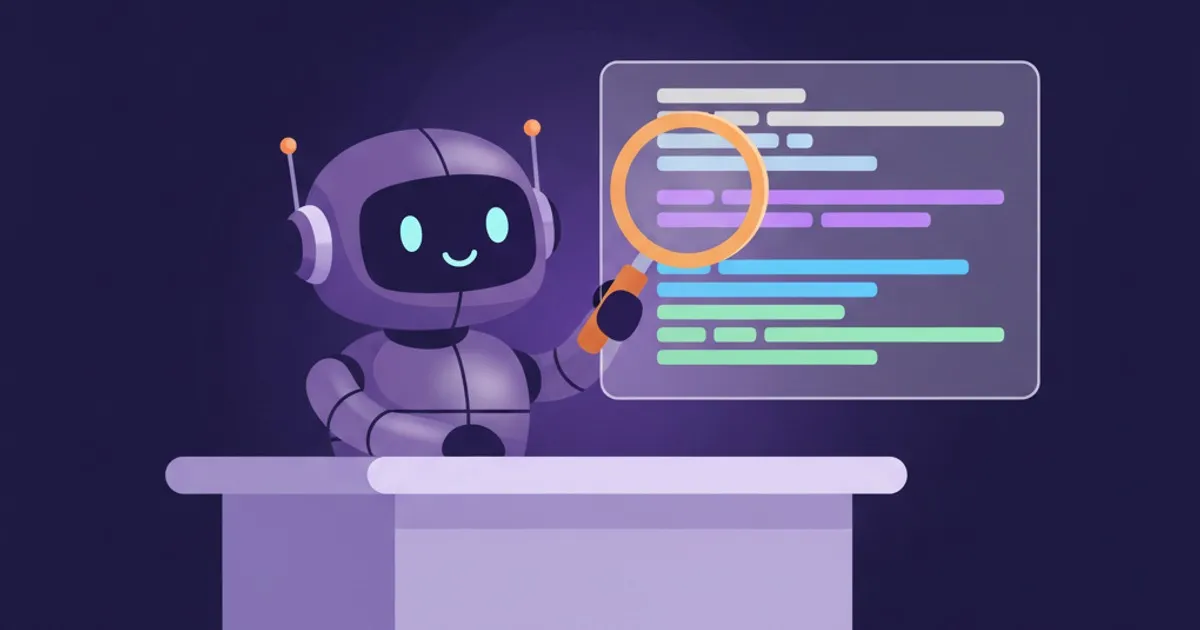 機器人拿放大鏡檢視 Google Apps Script 程式碼，程式碼分成四個顏色區塊