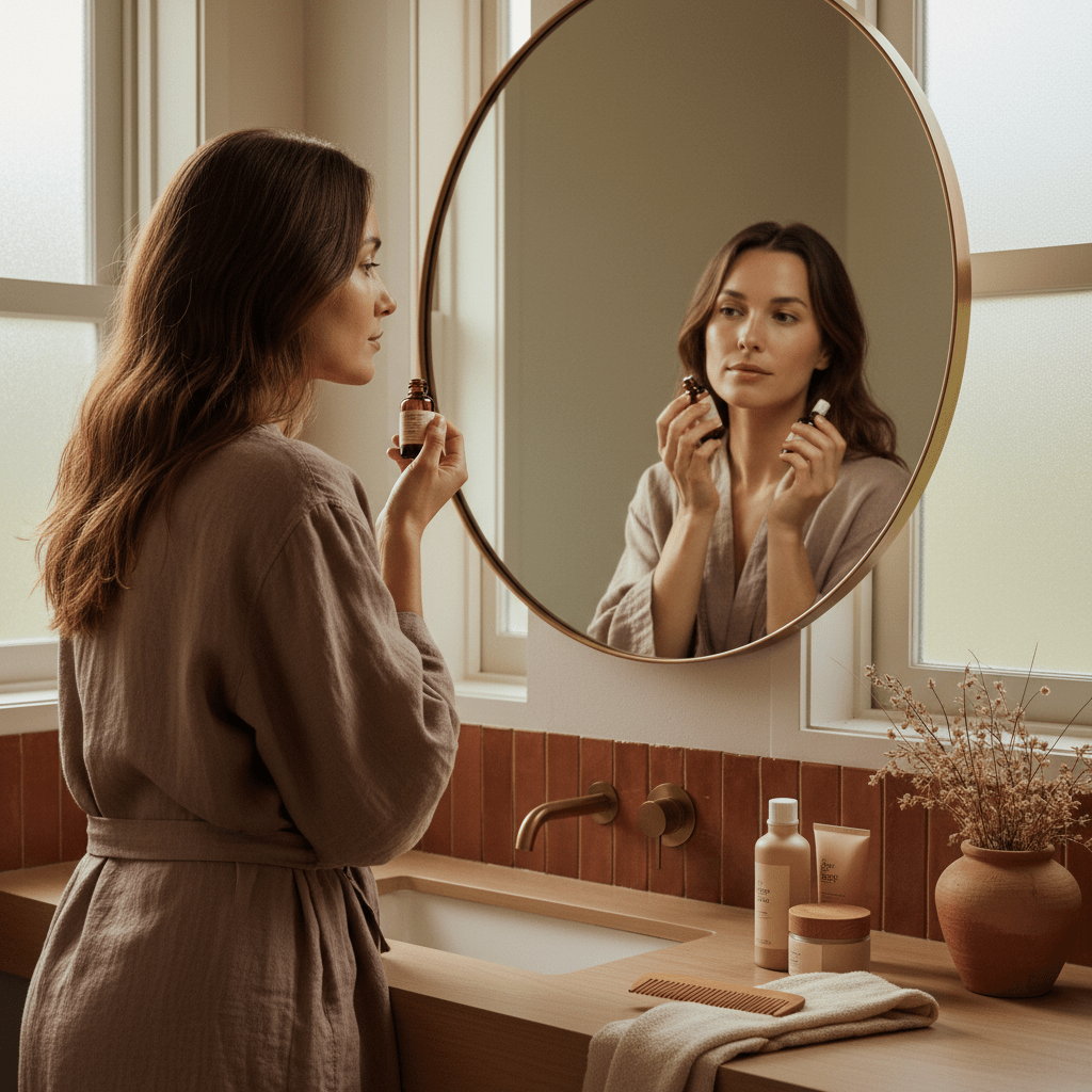 A calm modern woman in soft morning light looking at her skin in a bathroom mirror, natural skincare routine, warm earthy tones
