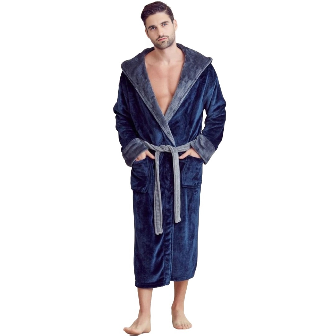 Men Plush Shawl Collar Robe, Unisex Navy (S/M)