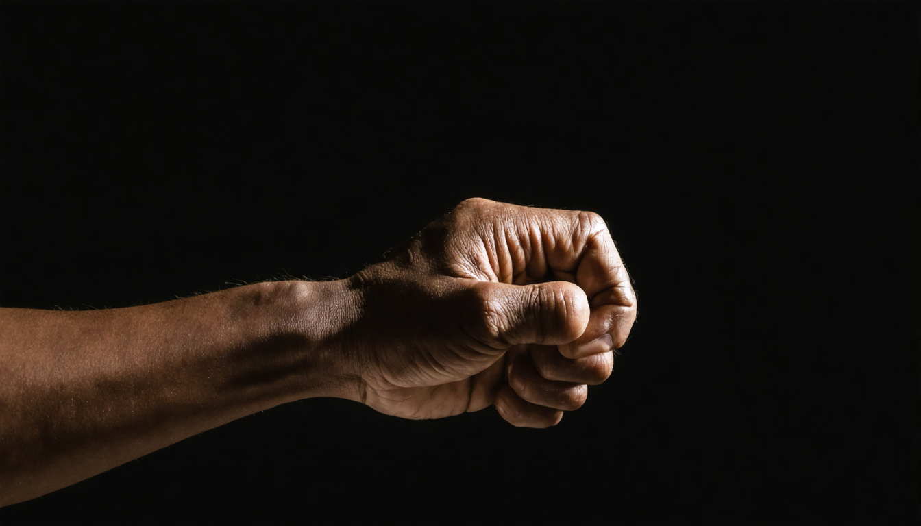 A hand transitioning from a closed fist to an open palm, captured mid-motion against a dark background.