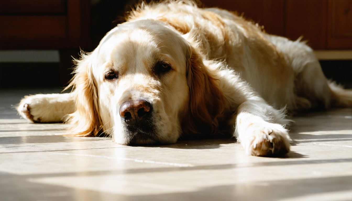 A golden retriever lying flat on cool concrete floor tiles in warm afternoon light, seen from a low angle.