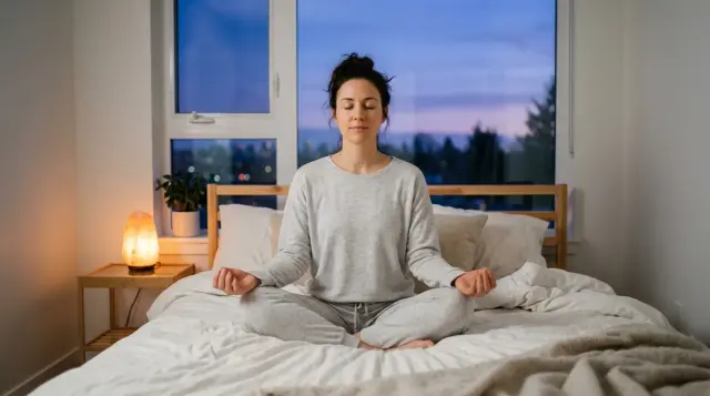 Person meditating peacefully on bed in calm predawn bedroom with warm lamplight