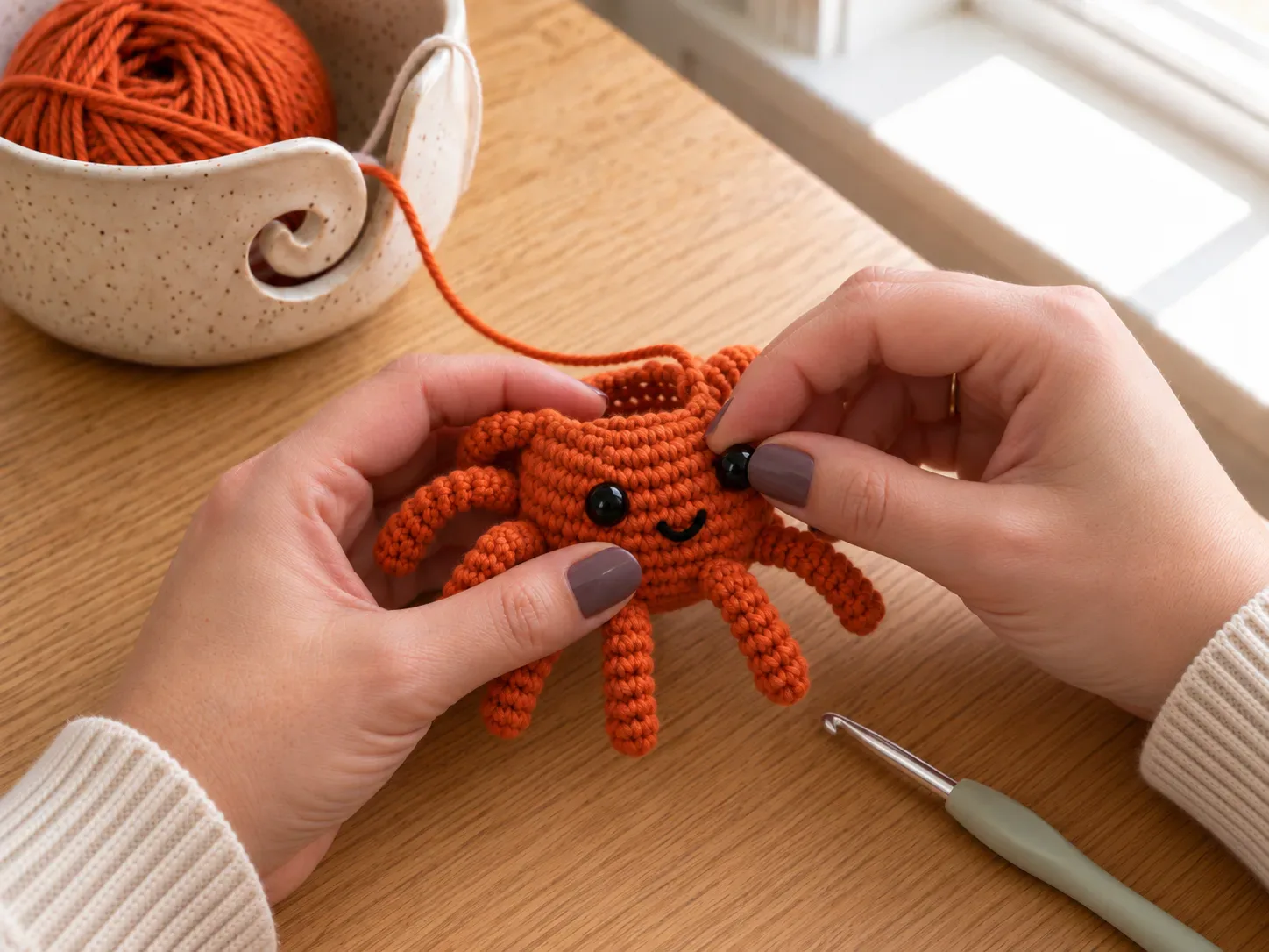 Add the face — Place the eyes and any small facial detail while the opening is still accessible.