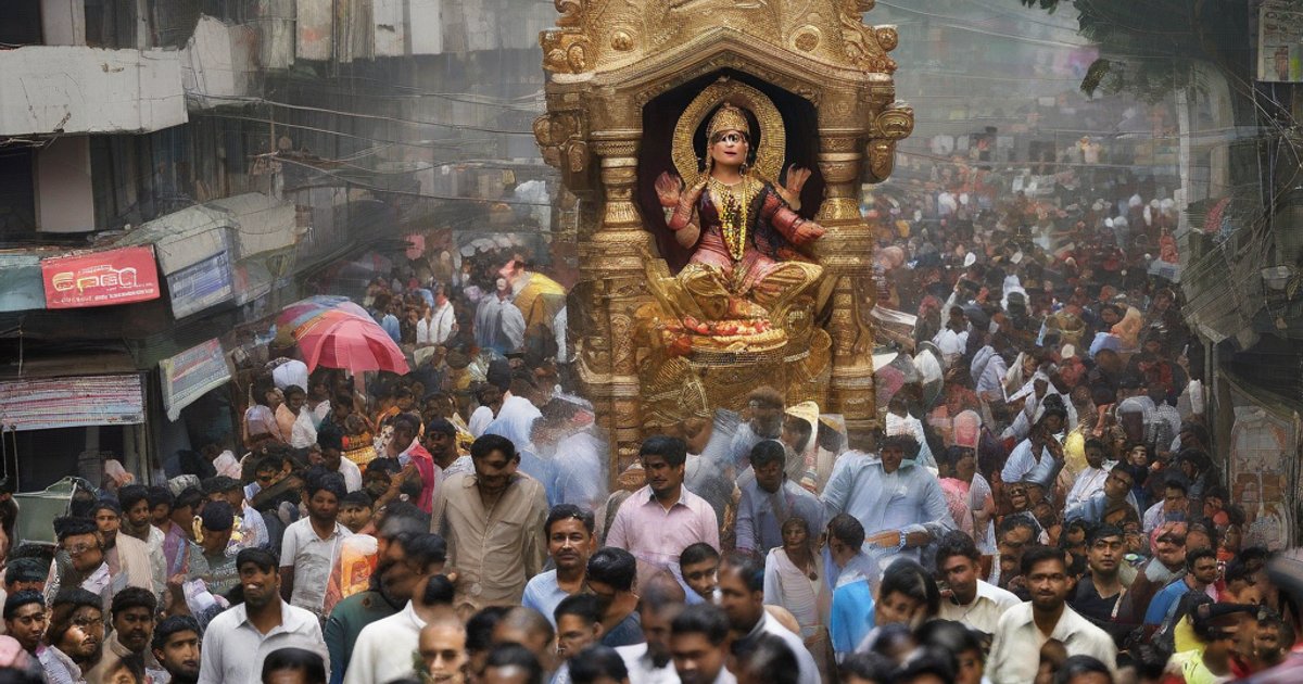 Crowds gathered outside a decorated temple during Durga Puja celebrations with national flag prominently displayed