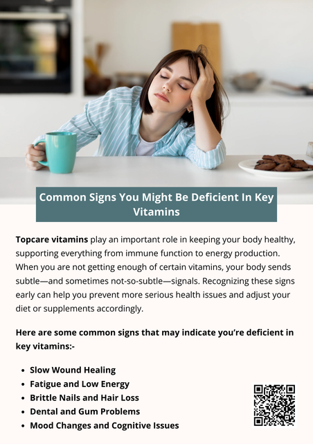Vitamin deficiencies can manifest in many ways, from fatigue and hair loss to mood changes and skin problems. Paying attention to these signs, maintaining a balanced diet, and consulting with a healthcare professional for proper testing can help you correct deficiencies before they lead to more serious health issues. Incorporating high-quality supplements like Top Care vitamins can provide additional support to ensure your body gets the nutrients it needs. To know more, visit here https://topcarebrand.com/vitamins-and-supplements/