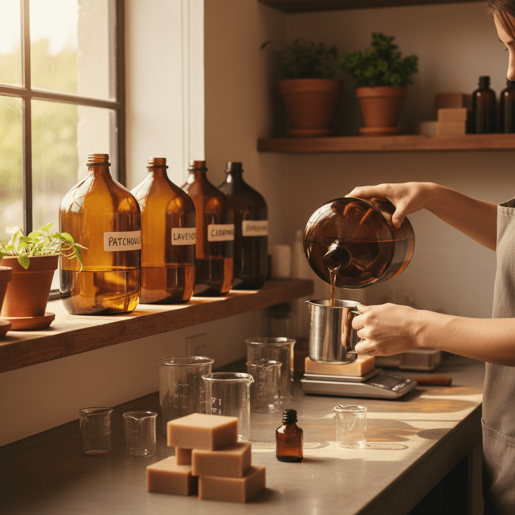 Artisan soap maker with bulk amber essential oil bottles in a warm studio