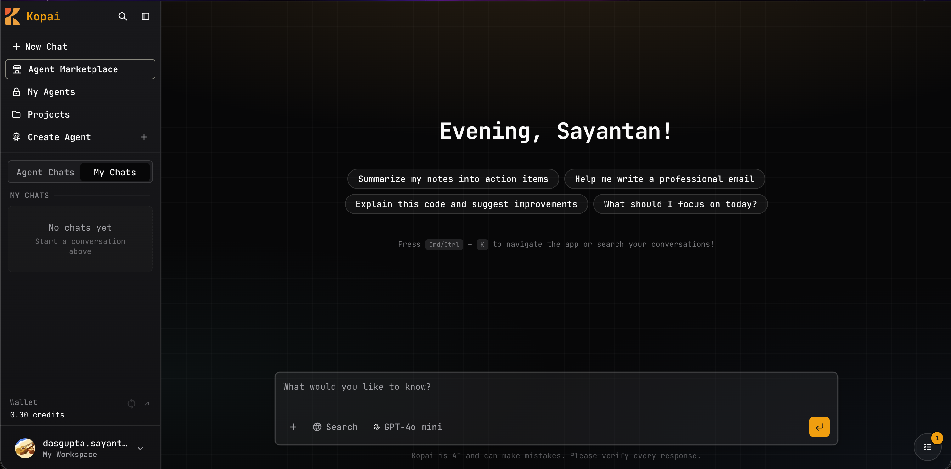 Main app dashboard