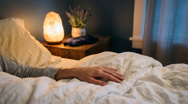 Hand resting on white bedsheets beside warm nightstand lamp, serene nighttime mood
