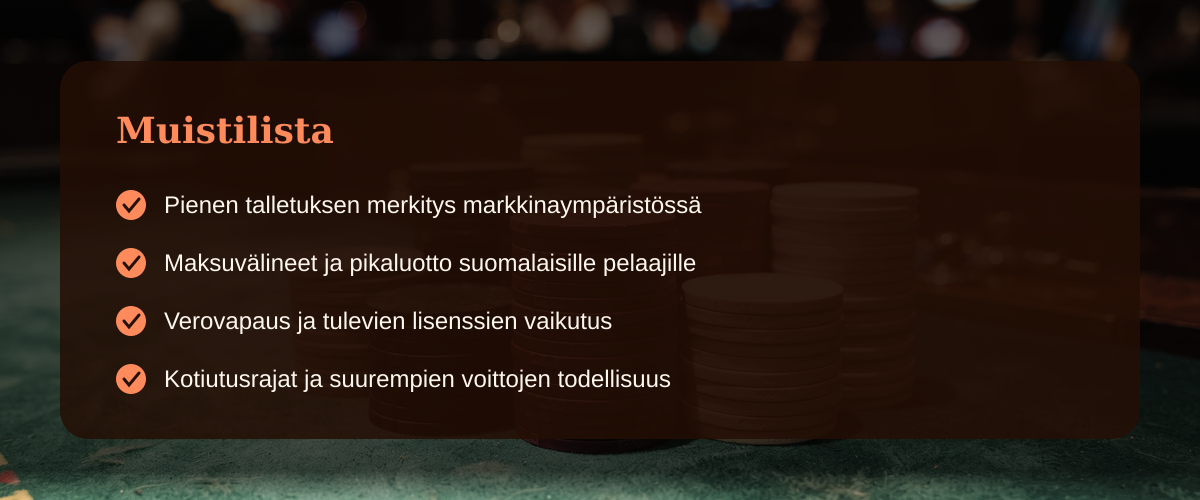 Kasinon 5€ talletus: matalan kynnyksen pelaamisen polku Suomessa — Muistilista