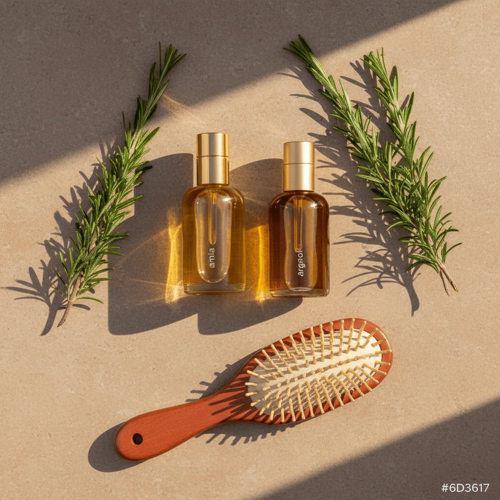 Amla, argan, and rosemary oils with hair brush on stone surface
