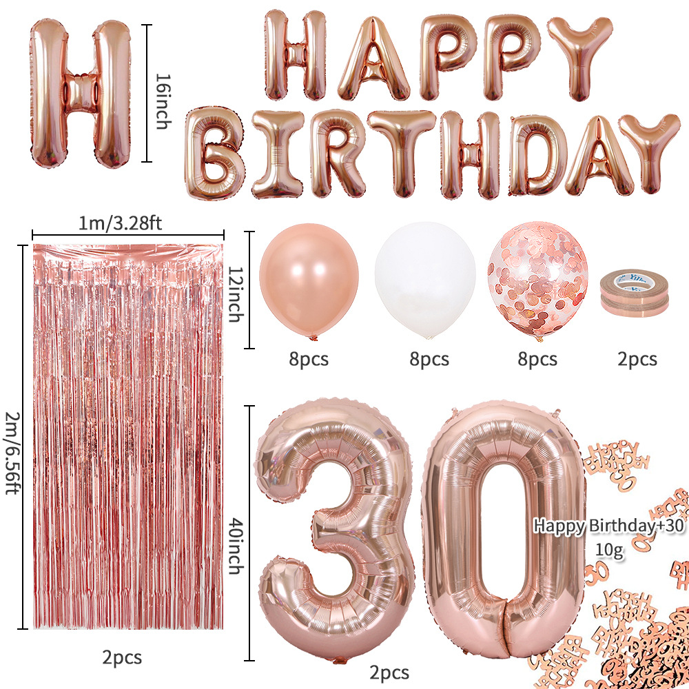 Rose Gold 30th Birthday Balloon Decoration Set - Foil Number Balloons, Happy Birthday Letter Banner, Tassel Curtain, Confetti Balloons, Latex Balloons & Tape - Complete Party Decor Kit for 18th, 21st, 30th Birthdays