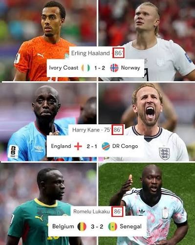 Illustration - Coupe du monde 2026 : la « malédiction de la 86e minute » frappe la Côte d'Ivoire, le Sénégal et la RDC le même soir, Haaland, Kane et Lukaku au même instant fatidique