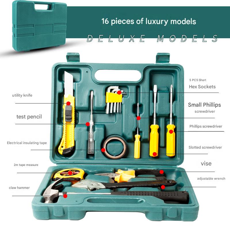 Green 16 Piece Set -Multi-Purpose Home & Car Tool Kit - Durable Blow-Molded Case, Utility Knife, Tape Measure, Pliers, Hammer, Screwdrivers, Allen Keys - Compact Emergency Repair Set for DIY and Auto Maintenance