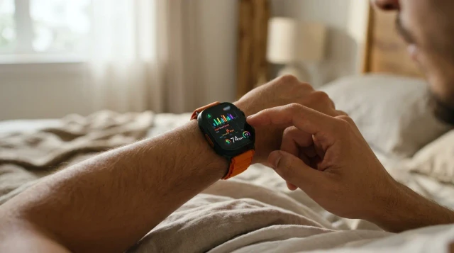 Close-up of wrist wearing smartwatch with health data display in soft morning light