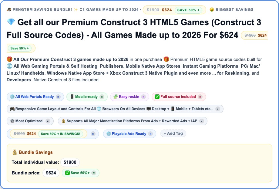 9 Premium C3 HTML5 Games Bundle (Construct 3 Full Source Codes) - All Games Made up to 2026