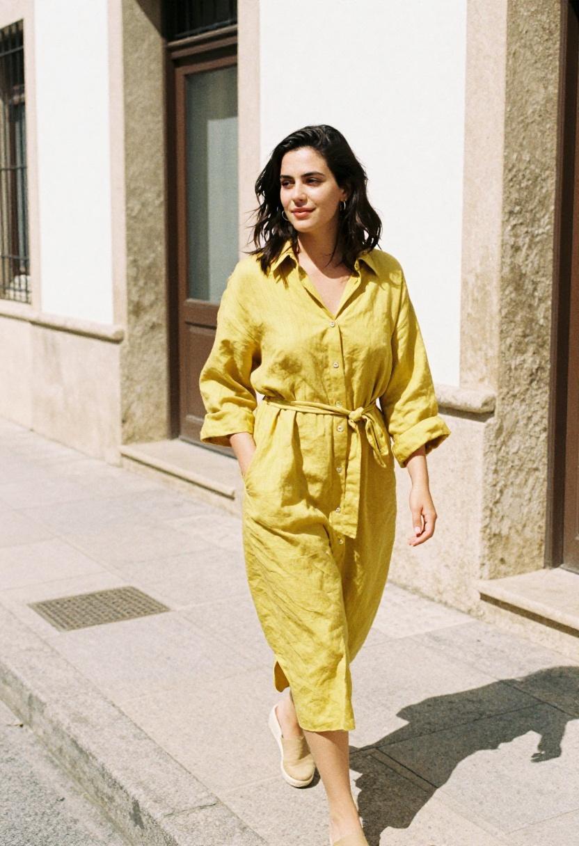 Saffron yellow belted linen shirt dress in Mediterranean sunlight