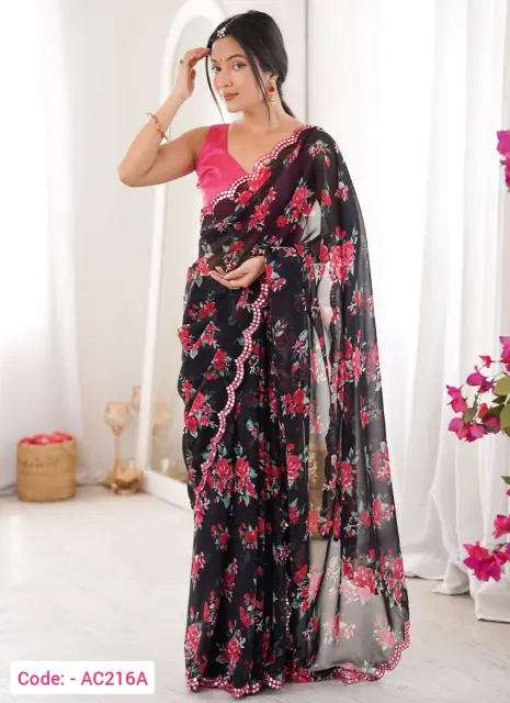 Black color printed georgette saree