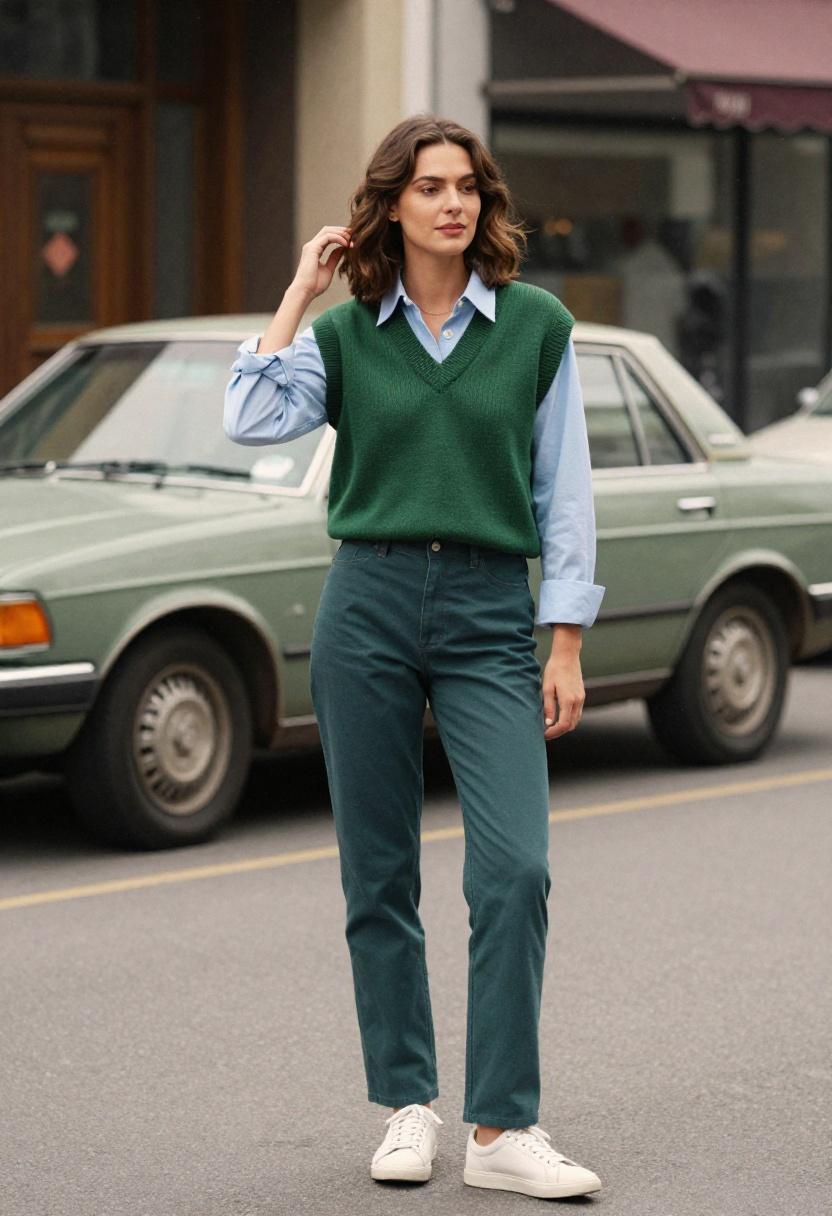 Forest green sweater vest over light blue Oxford shirt and chinos, classic preppy street style