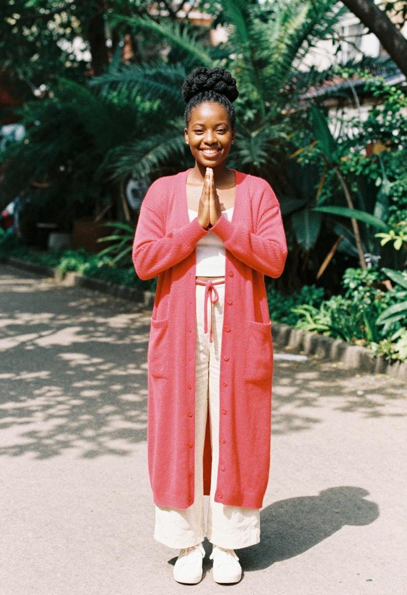 Fuchsia belted longline cardigan with linen trousers for a polished spring casual outfit