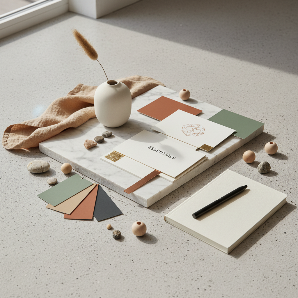Minimal brand essentials stationery flat lay with notebook, color palette and design materials