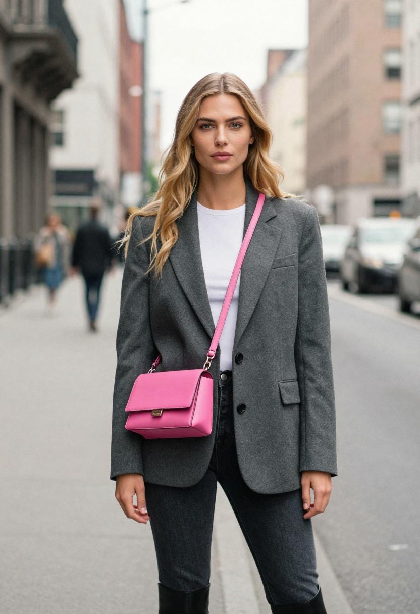 Woman with fuchsia mini crossbody bag against charcoal blazer and dark jeans for urban professional style