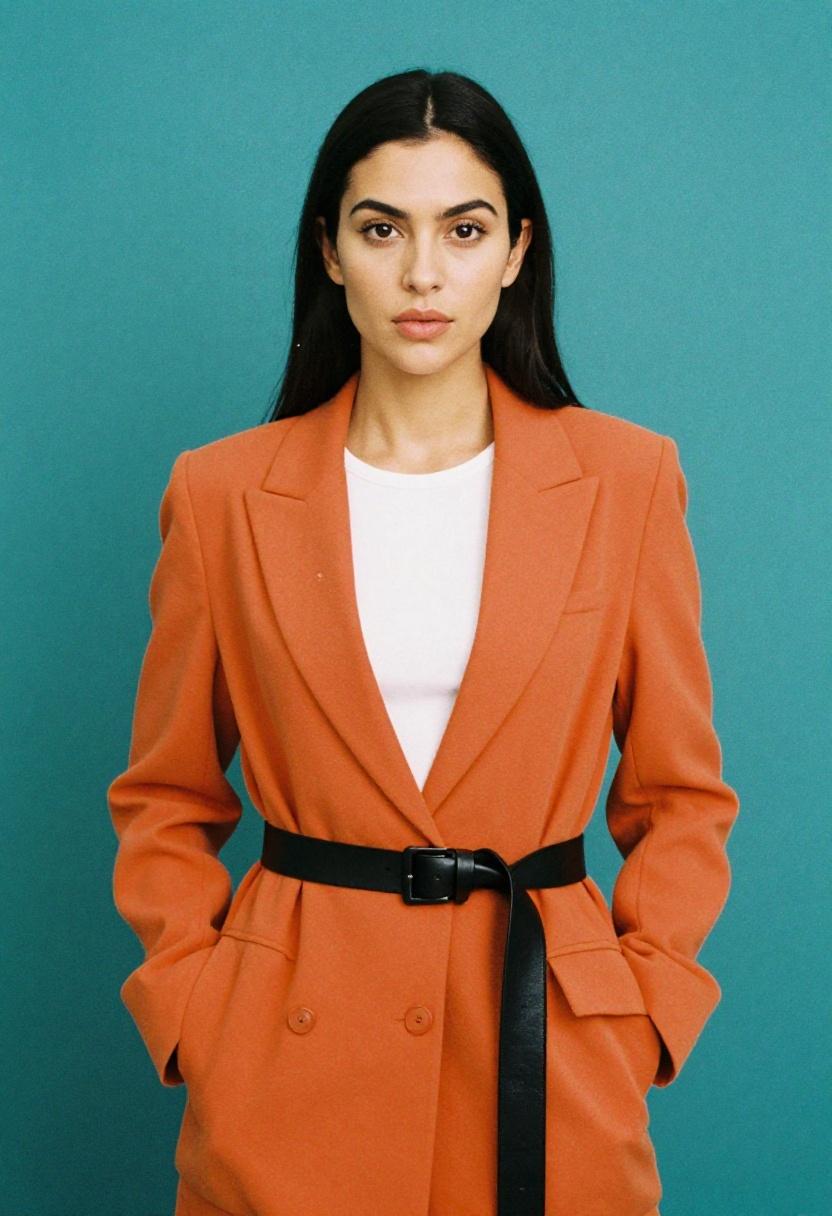 Burnt orange longline blazer with wide black leather belt for bold structured professional look
