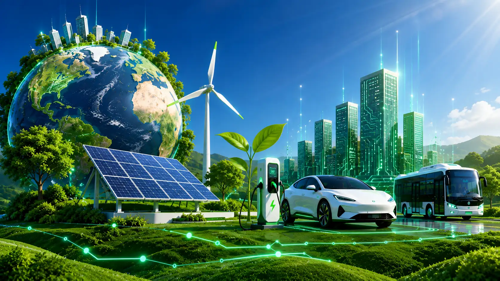 Renewable energy ecosystem illustration — solar, wind, EV charging and green city
