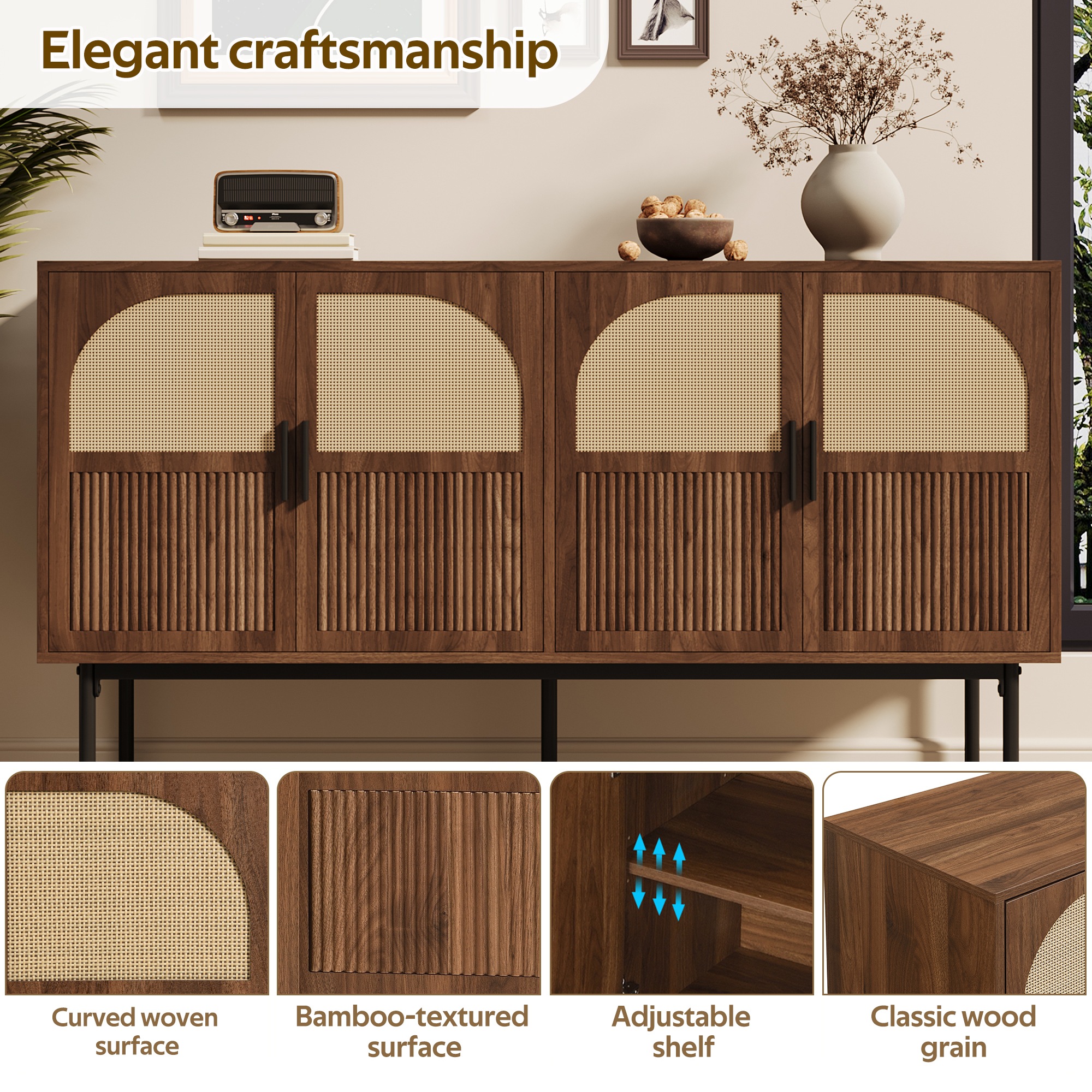 Buffet Naturel, 4 Portes, Rangement, Rotin, Fermeture Douce, Design Moderne, Structure Robuste - Panneau composite de fibres de bois à densité - 140x40x80cm 1