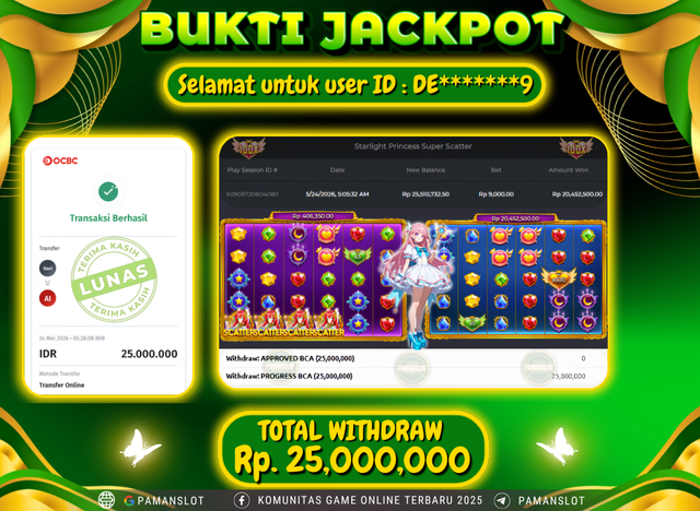 Selamat kepada Member PAMANSLOT Games Starlight Princess Super Scatter : DE*******9