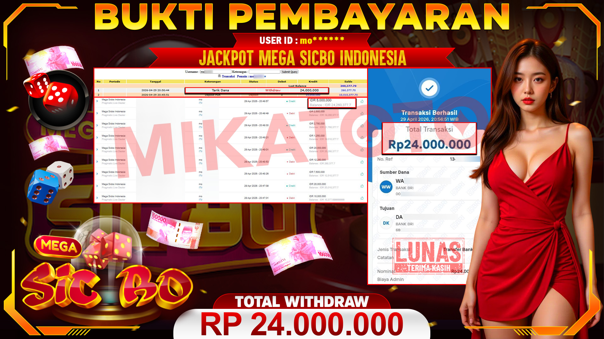 🏆 SELAMAT KEPADA PEMENANG JACKPOT DI Mega Sicbo Indonesia pada Pragmatic Live Dealer 24,000,000🏆