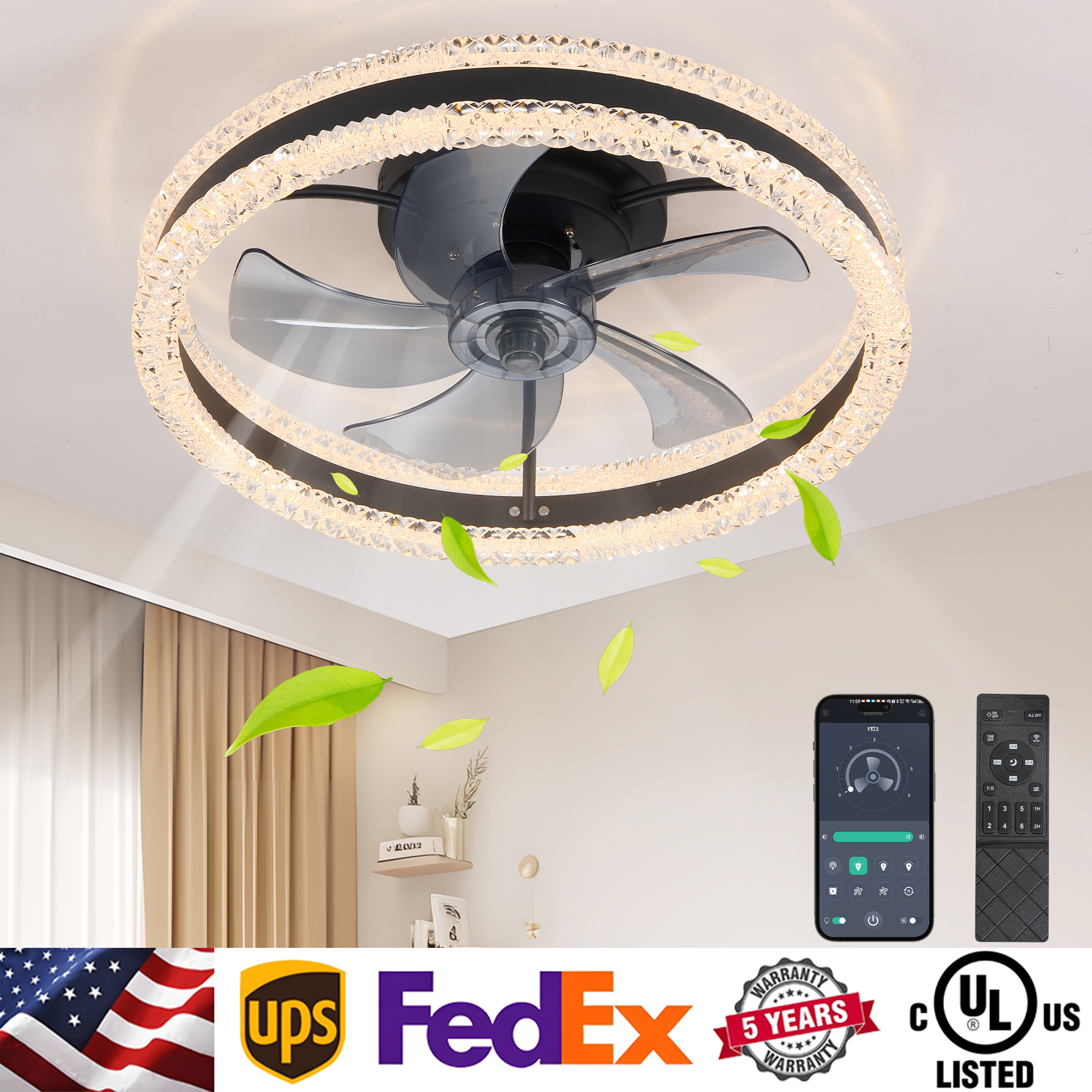 Modern Flush Mount LED Ceiling Fan with Light Remote & APP Control Fan
