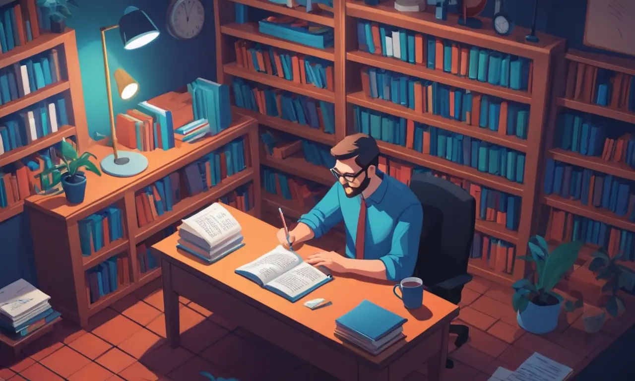 Investigador académico que estudia retos de investigación lingüística en un escritorio rodeado de libros y papeles.