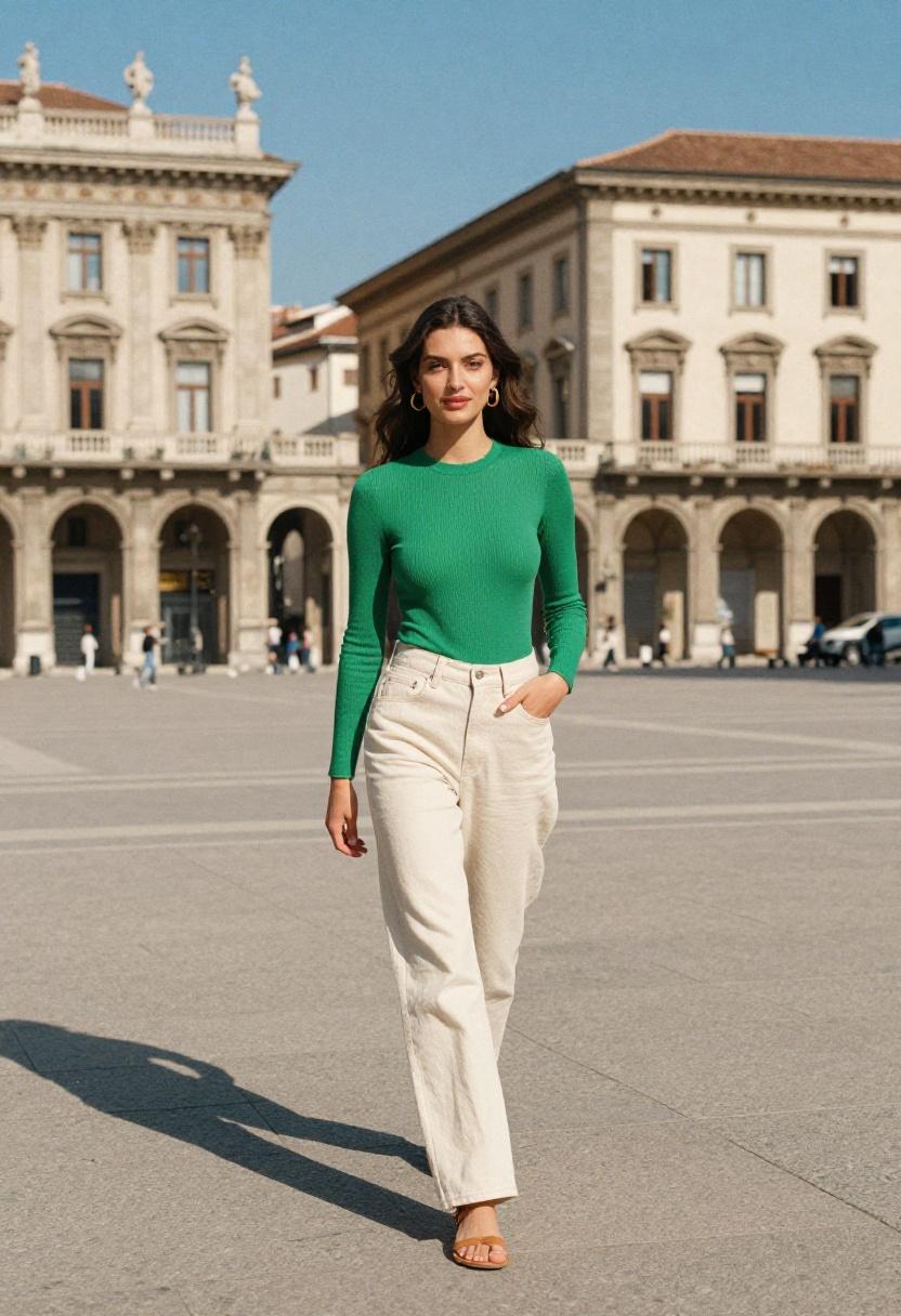 Emerald green ribbed bodysuit with wide-leg cream jeans plaza ready outfit