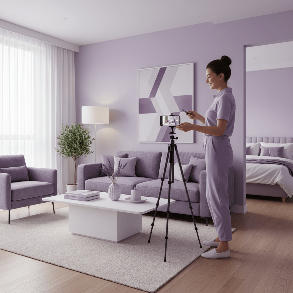 Host photographing a staged Airbnb interior with smartphone and tripod in natural light