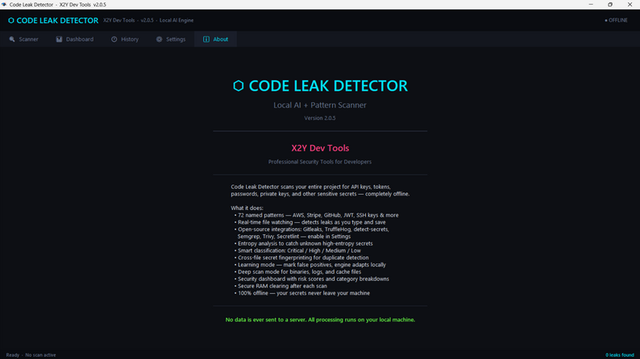 Code Leak Detector v2.0.5 security dashboard showing scan history with risk analysis, detected secret findings with masked values, severity tags and intelligent filtering controls