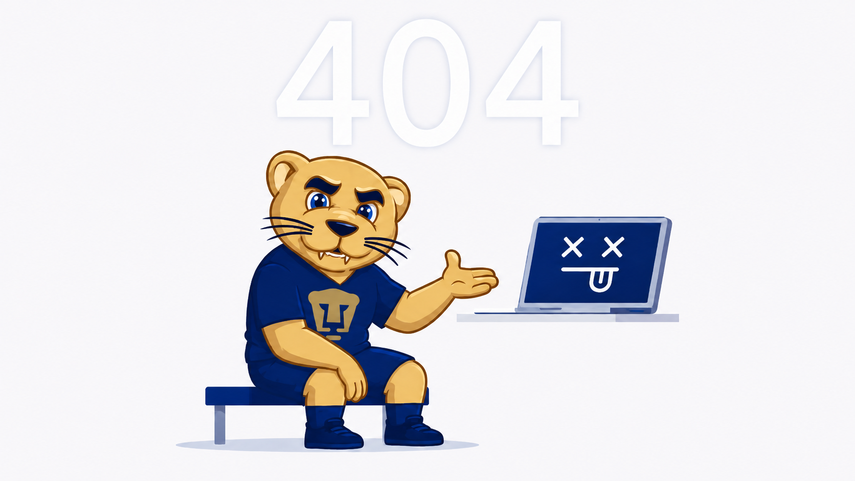 Ilustración 404: mascota puma junto a una laptop con error