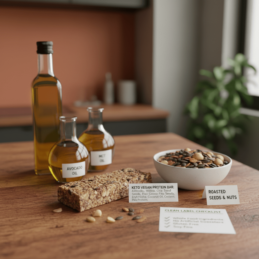 Balanced snack setup showing keto and vegan-friendly ingredient choices with plant oils