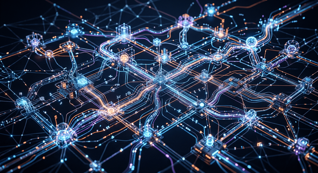 An abstract network of interconnected nodes and data streams on a dark background showing automation workflows
