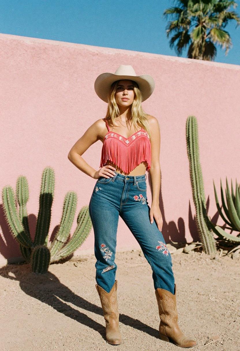 Coral fringe crop top with embroidered denim for a desert rodeo statement look
