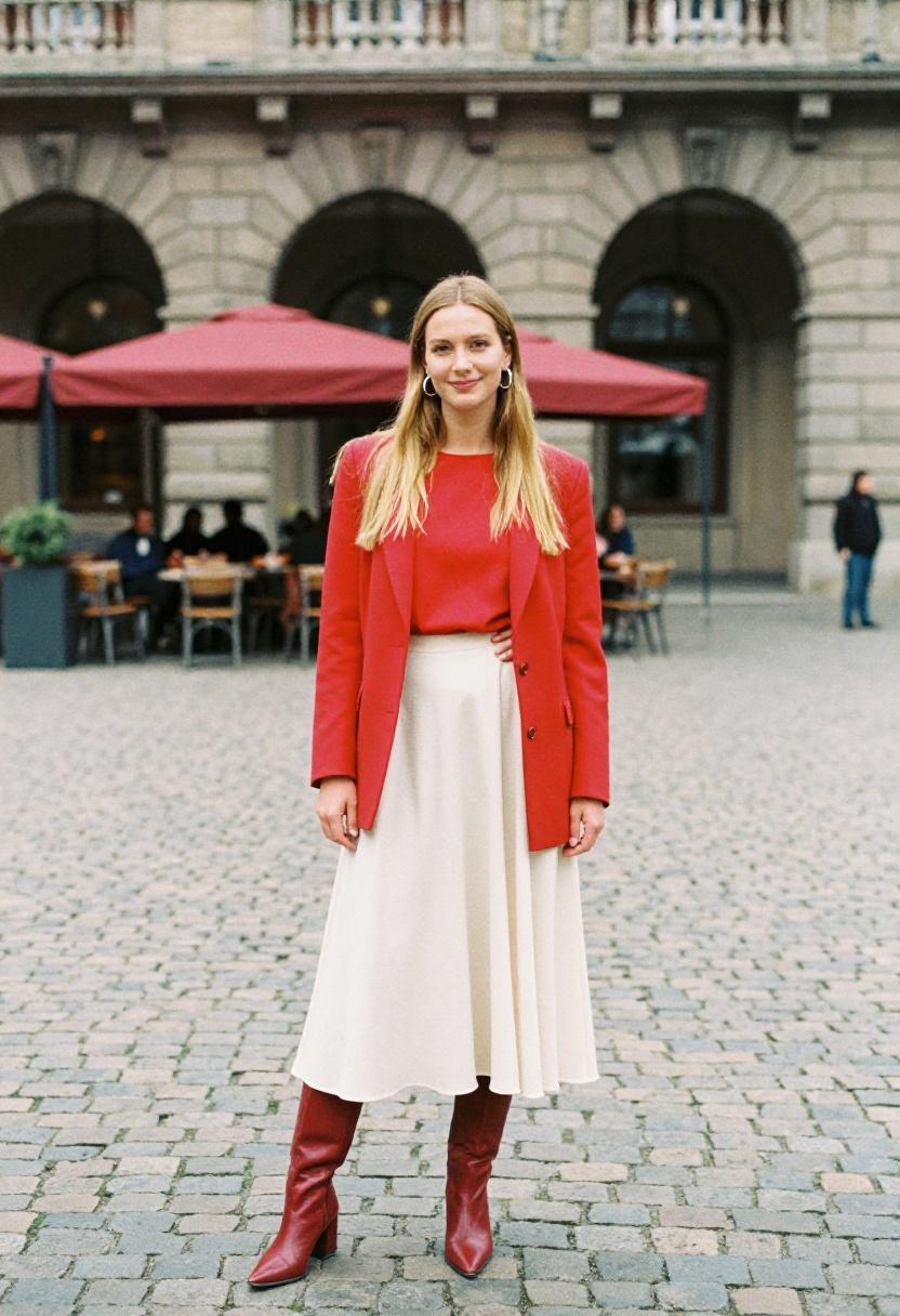 Woman in cherry red blazer with ivory midi skirt and matching square toe knee boots for a European spring look