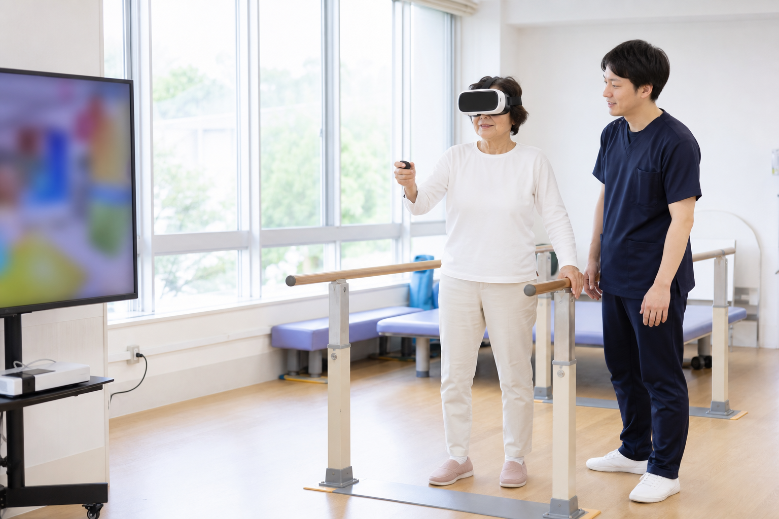 変形性膝関節症の方が専門職の見守りでVR運動に取り組む場面
