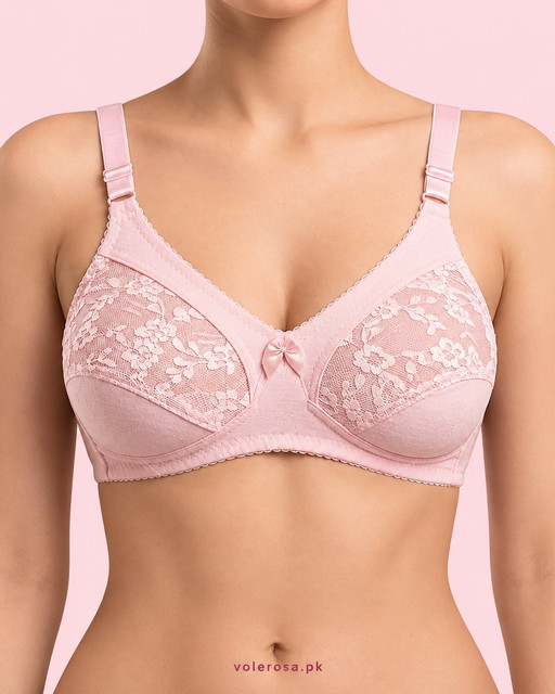 Soft Lace Cotton Comfort Bra - Baby Pink, Front view
