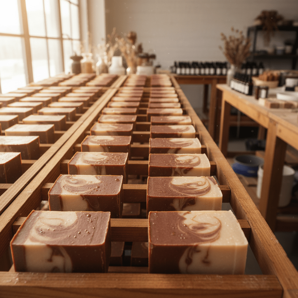 A row of curing handmade soap bars on wooden racks in an airy room, subtle moisture beads, natural light, artisan workshop
