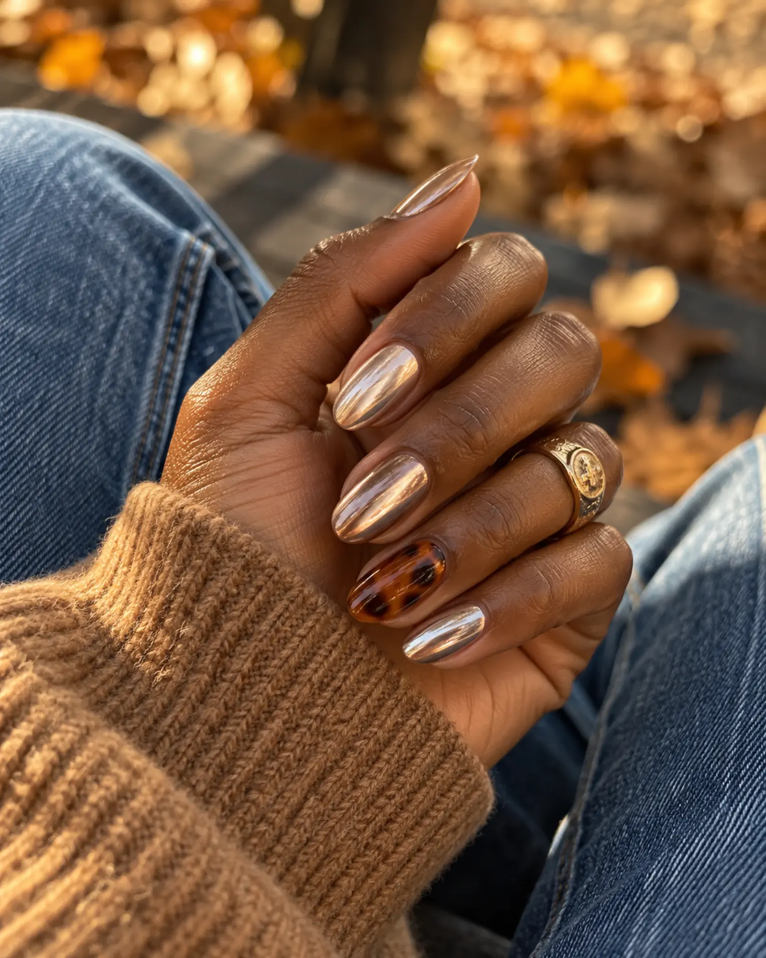 Chrome Tortoiseshell Accent manicure inspiration for chrome nail ideas
