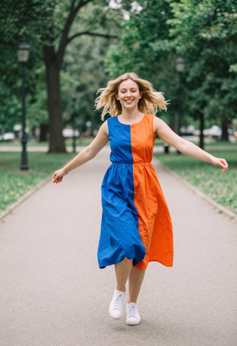 Cobalt and tangerine colorblock midi dress in spring park